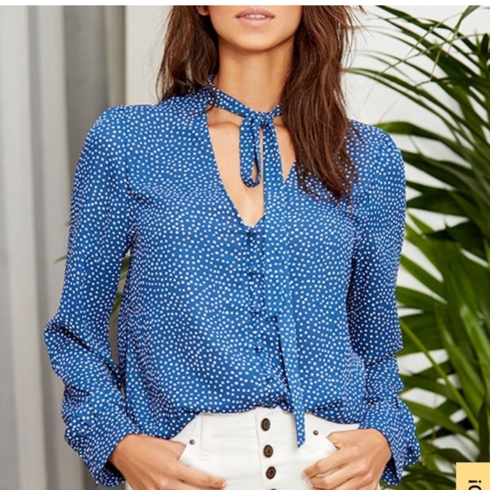 Lulu's_Women's Blue Polka dots Print Button Down Long Sleeve Top Blouse Sz S